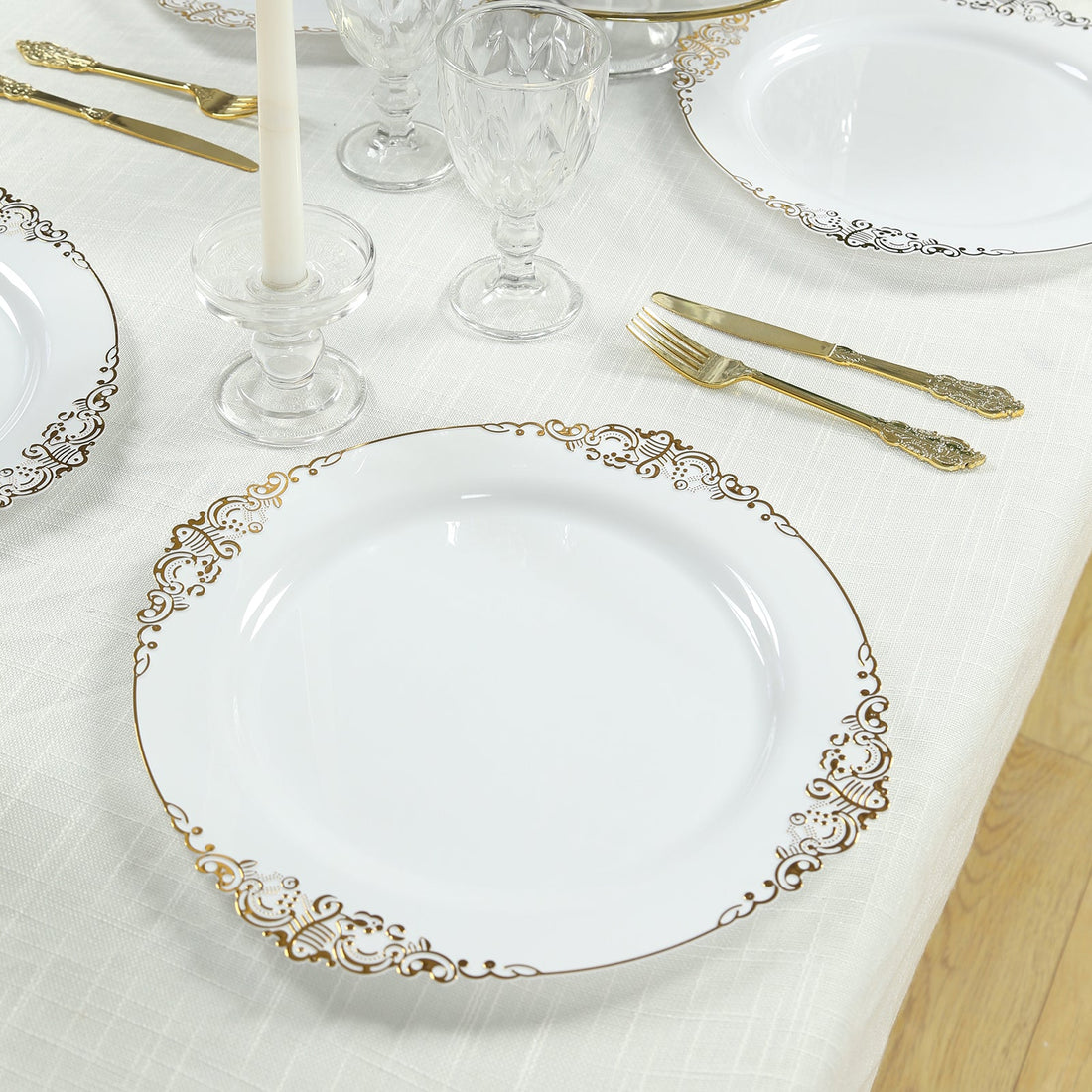 20-Pack Economy Plastic Charger Plates 13inch Round White with Gold Embossed Baroque Rim