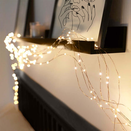 200 LED Fairy String Waterfall Lights 8ft Warm White 10 Copper Strands - Battery Operated Waterproof Design