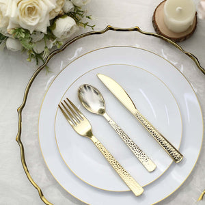 24-Pack Plastic Silverware Set 7" Gold with Hammered Design - Heavy Duty Disposable Utensils