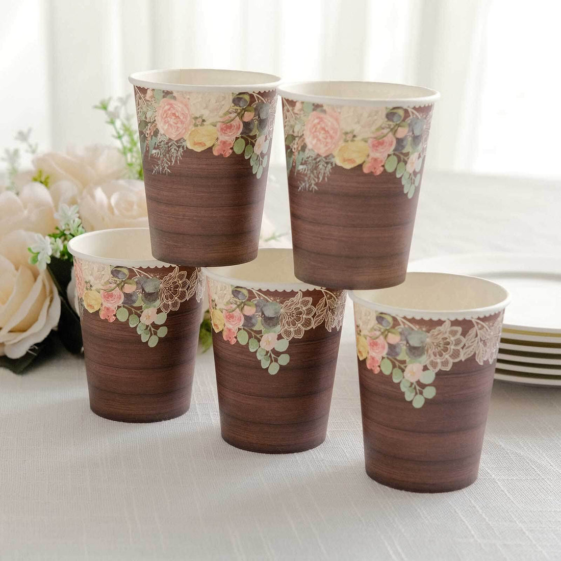 24 Pack Brown Rustic Wood Print Paper Cups with Floral Lace Rim, Disposable Party Cups - 9oz