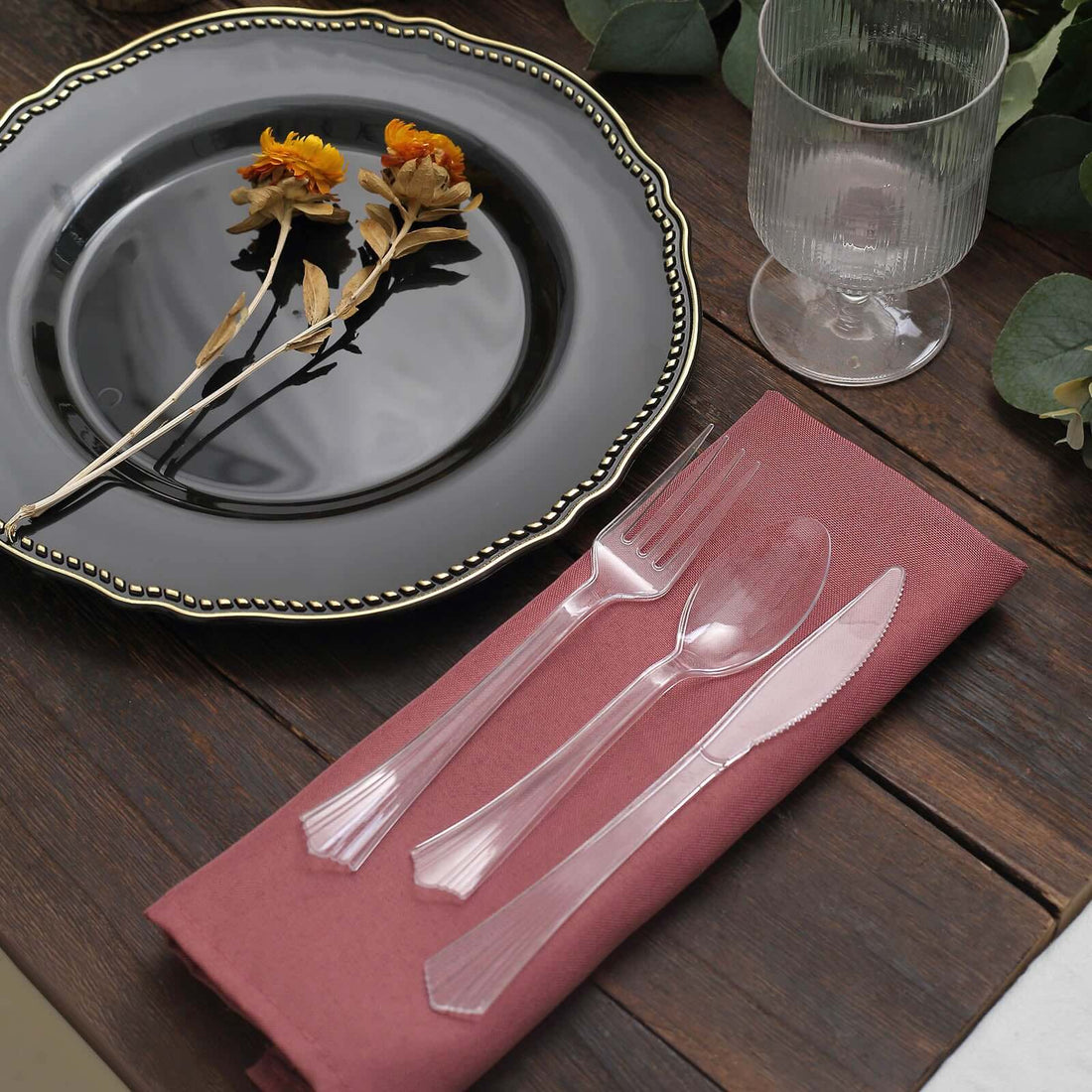 24 Pack 7inch Clear Heavy Duty Plastic Silverware Set Fan Flared Tip Handle, Disposable Fork Spoon