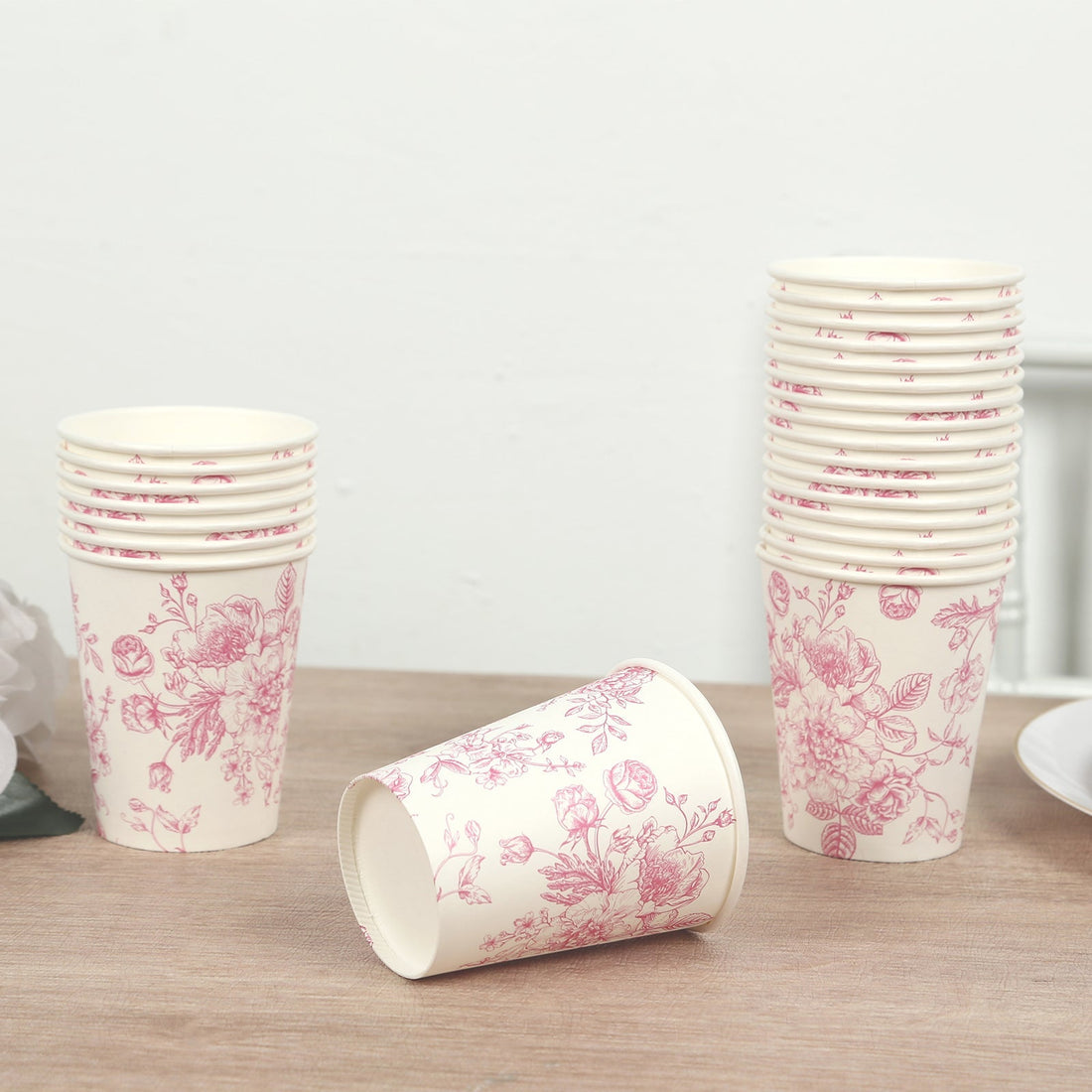 24 Pack French Toile Paper Cups, White Pink Elegant Disposable Party Cups - 9oz