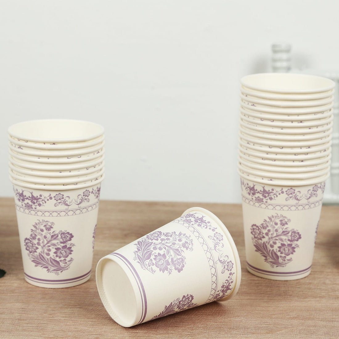 24 Pack Paper Cups in White Lavender Damask Floral Pattern, Elegant Disposable Party Cups