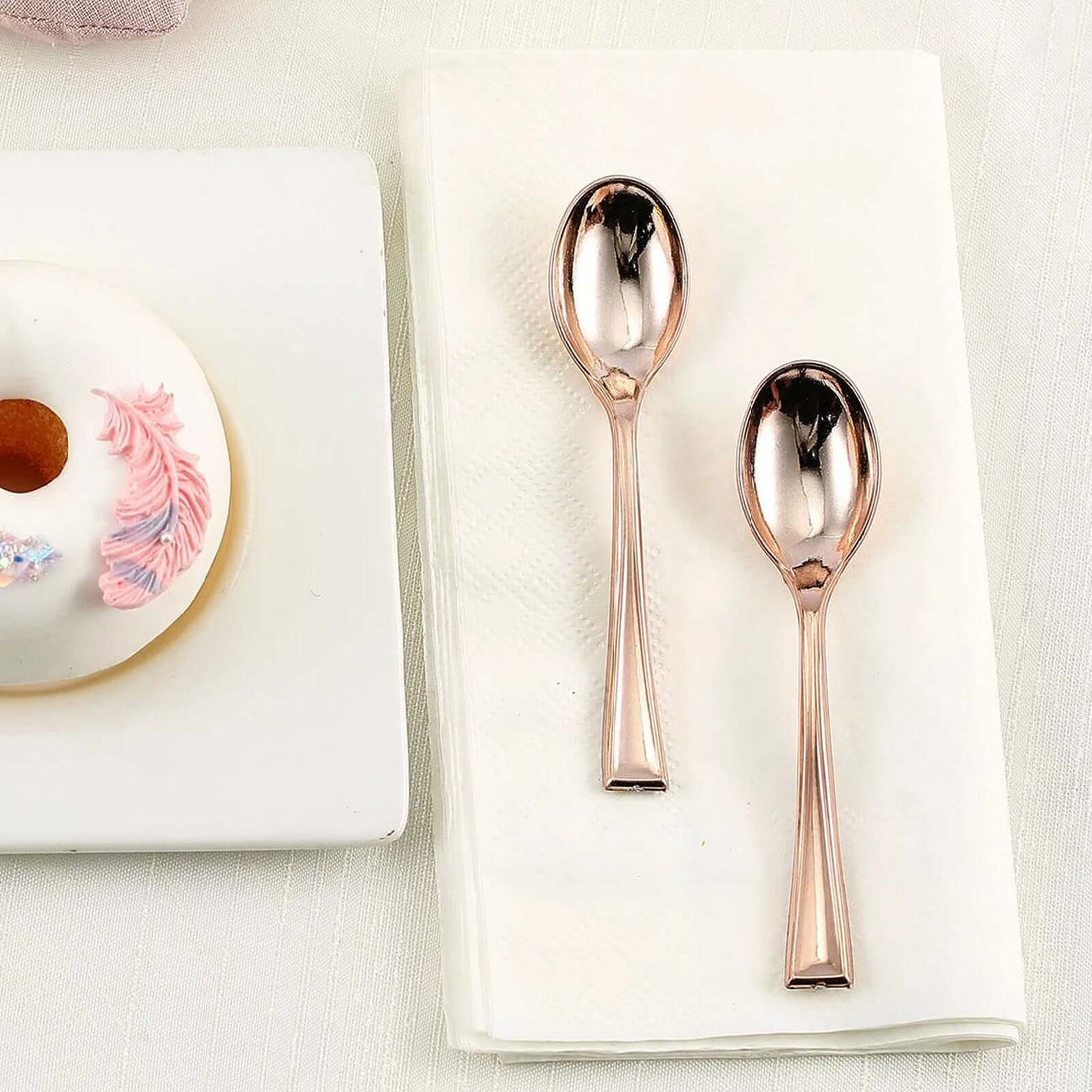24 Pack | Rose Gold 4inch Heavy Duty Plastic Mini Dessert Spoons, Disposable Silverware