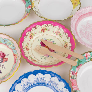 24-Pack Vintage Mixed Floral Paper Dessert Bowls 7", Round Disposable Party Salad Snack Bowls 300 GSM with Scalloped Edge - Decorative and Functional