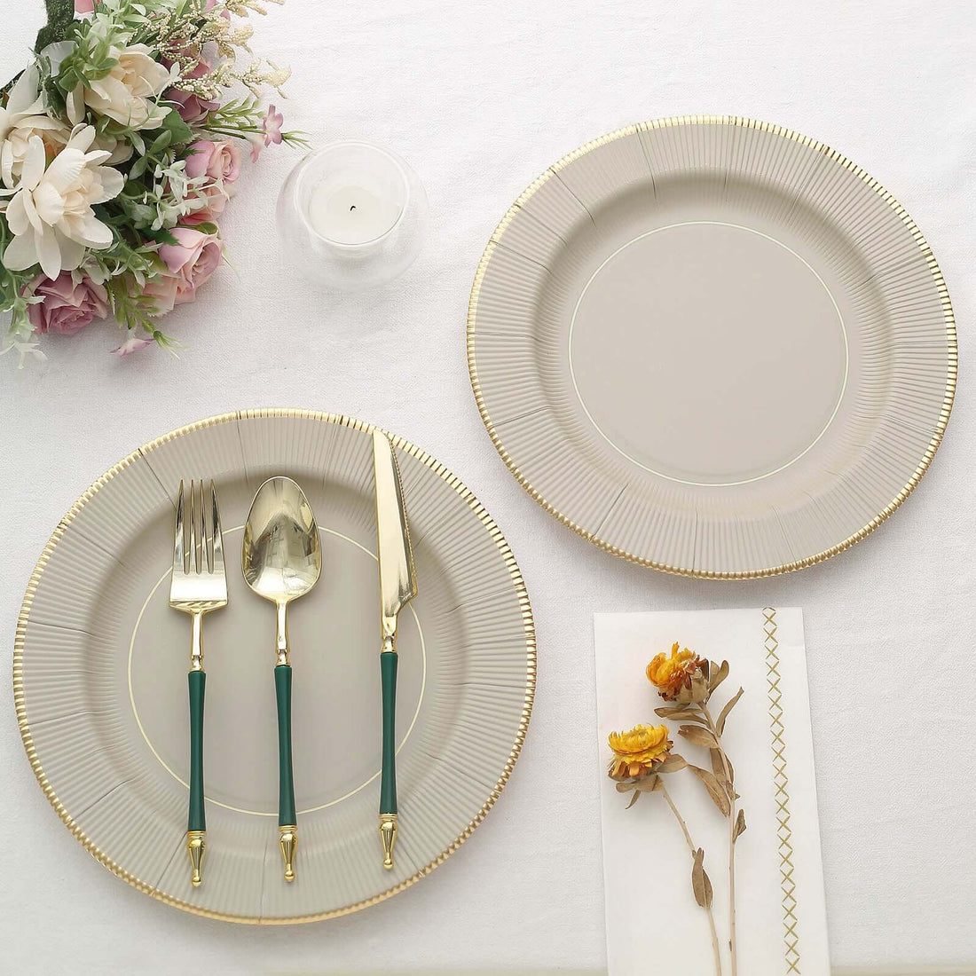 25 Pack | 10inch Taupe Gold Rim Sunray Heavy Duty Paper Dinner Plates