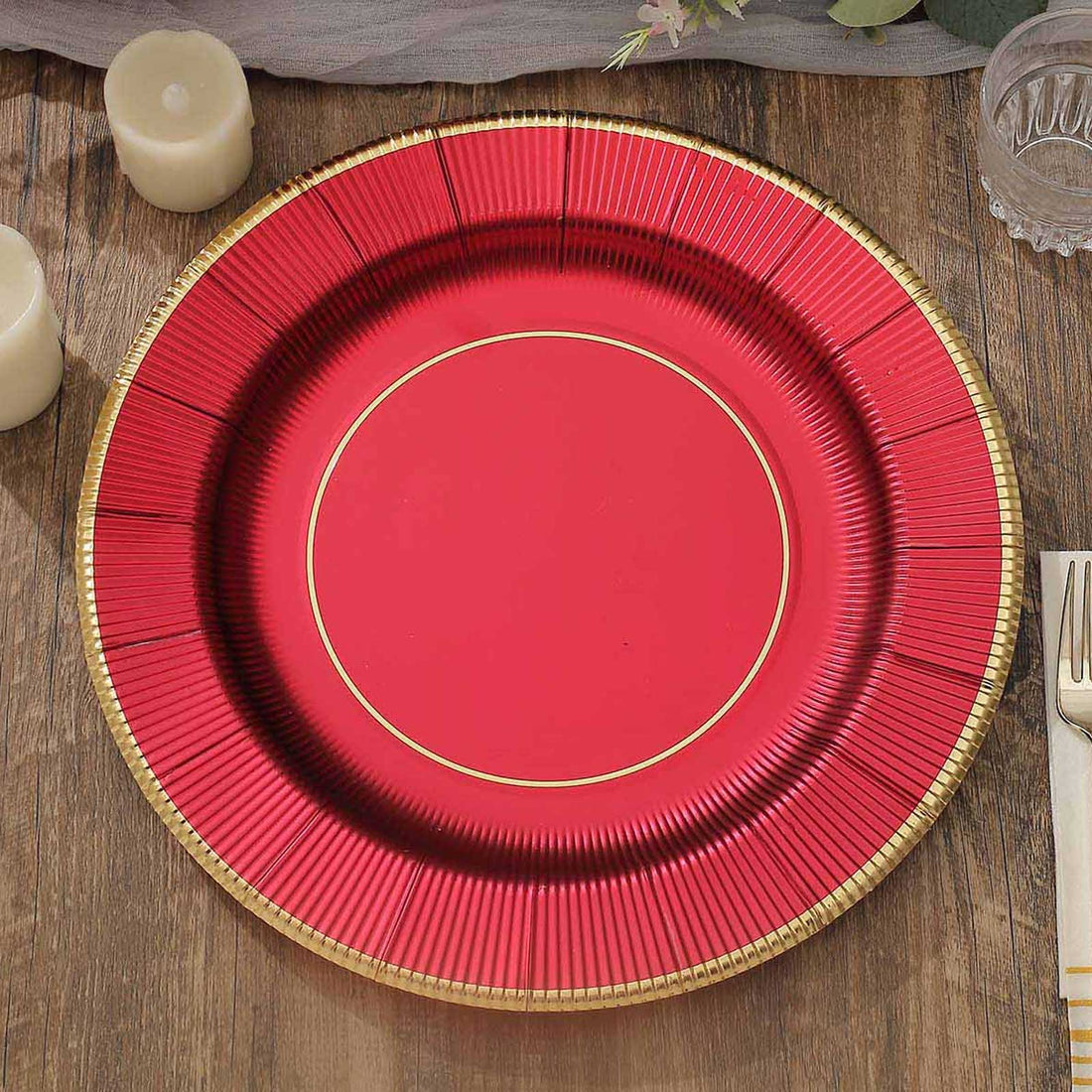 25-Pack Disposable Round Charger Plates 13" Burgundy Sunray Design with Gold Rim - 350GSM Heavy Duty Paper Placemats