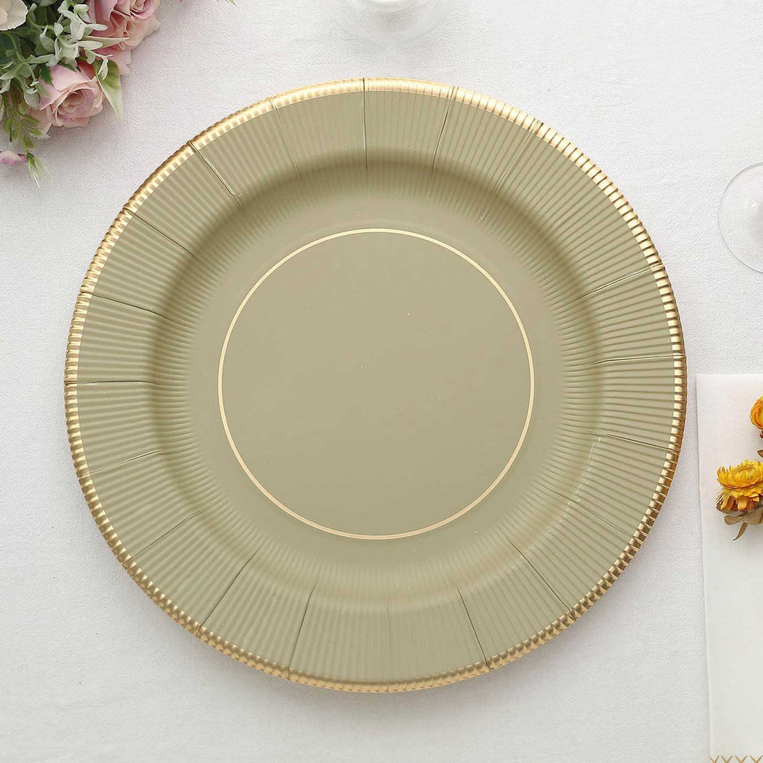 25 Pack | 13inch Khaki Gold Rim Sunray Heavy Duty Paper Serving Plates