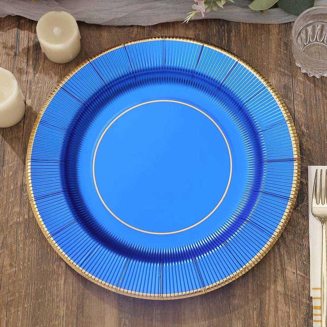 25-Pack Disposable Round Charger Plates 13" Royal Blue Sunray Design with Gold Rim - 350GSM Heavy Duty Paper Placemats