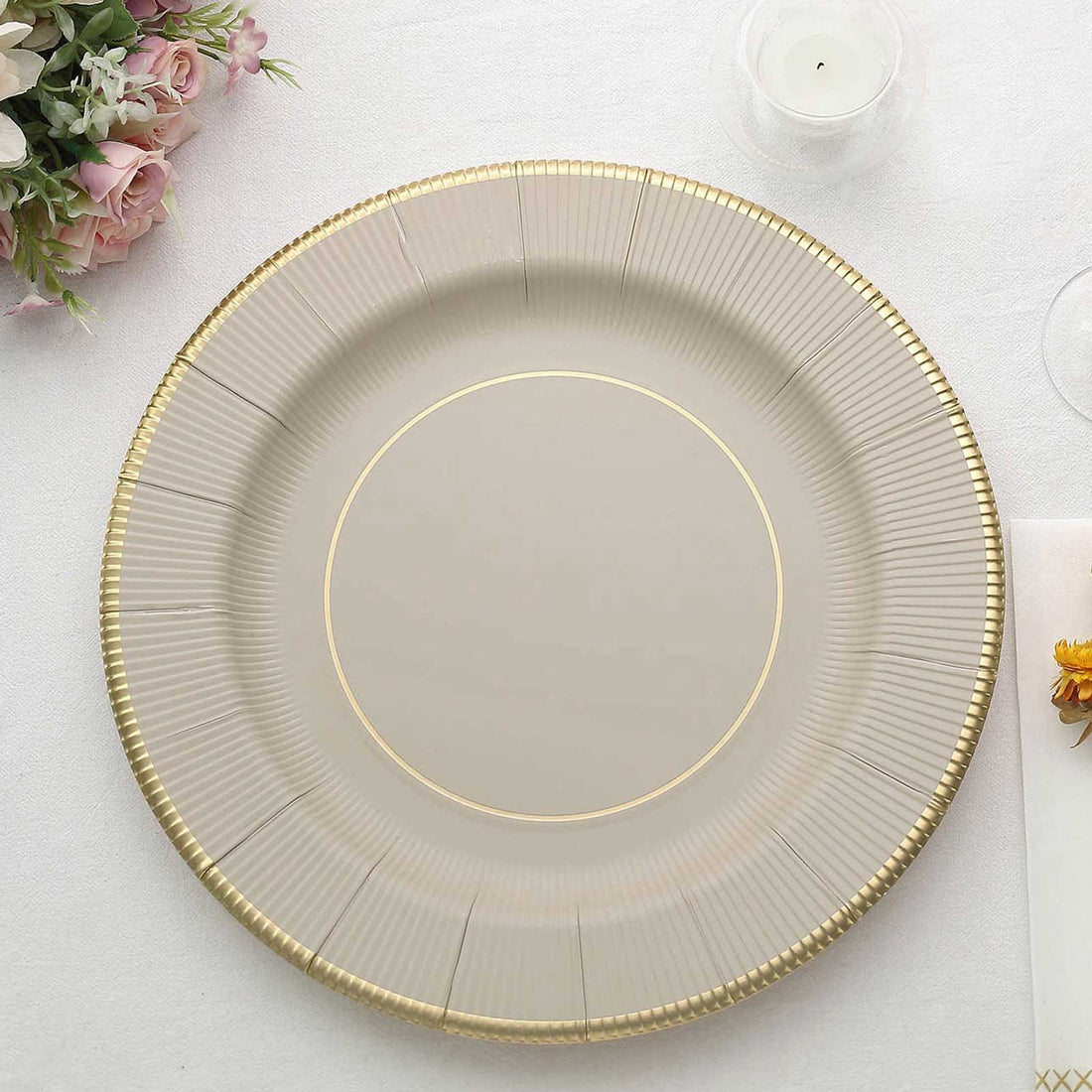 25-Pack Disposable Round Charger Plates 13" Taupe Sunray Design with Gold Rim - 350GSM Heavy Duty Paper Placemats