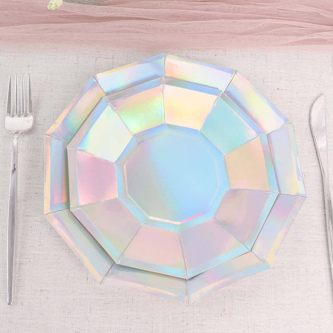 7.5 Inch Iridescent Colored Disposable Geometric Paper Plates with Decagon Rim 25 Pack