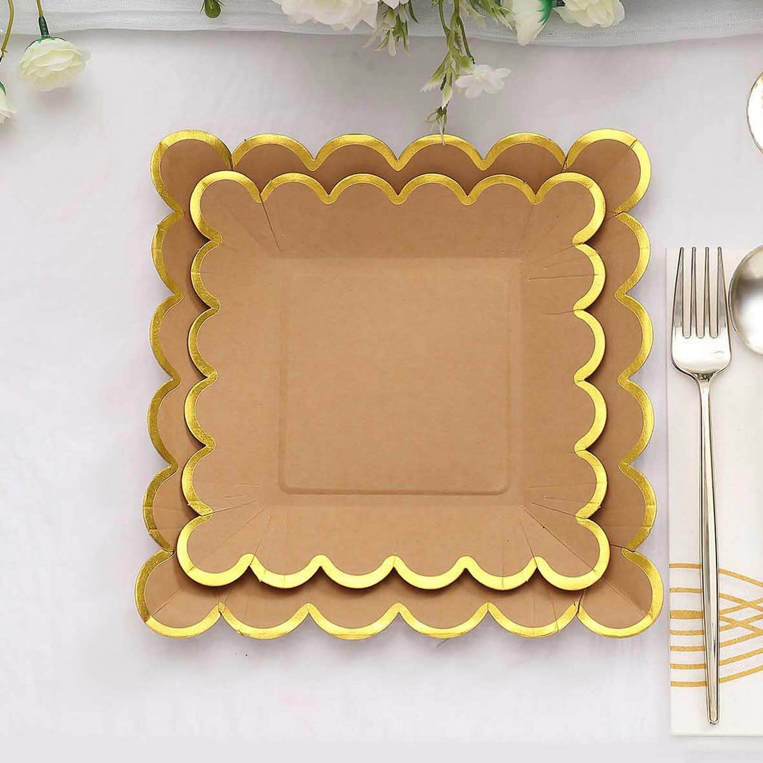25 Pack | 7 Square Natural Brown Paper Dessert Plates With Gold Scalloped Rim, Party Plates