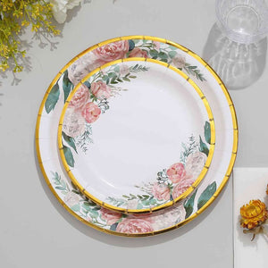 25-Pack Paper Round Dessert Plates 7" White with Peony Floral Design & Gold Rim - Disposable Salad Appetizer Plates for Garden Parties & Baby Showers