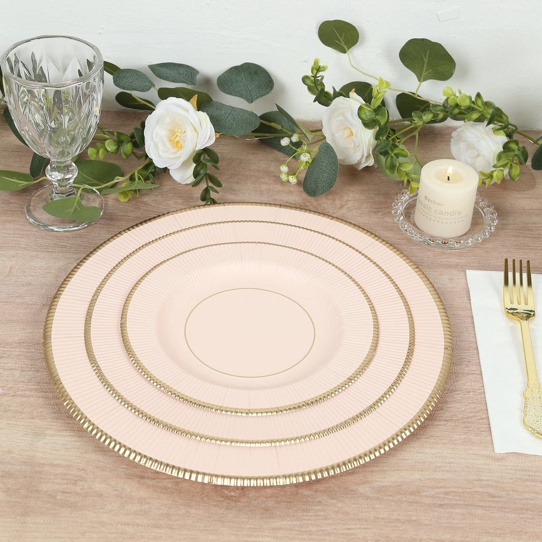 25-Pack Paper Round Dessert Plates Blush Sunray Design with Gold Rim - 350GSM Heavy Duty