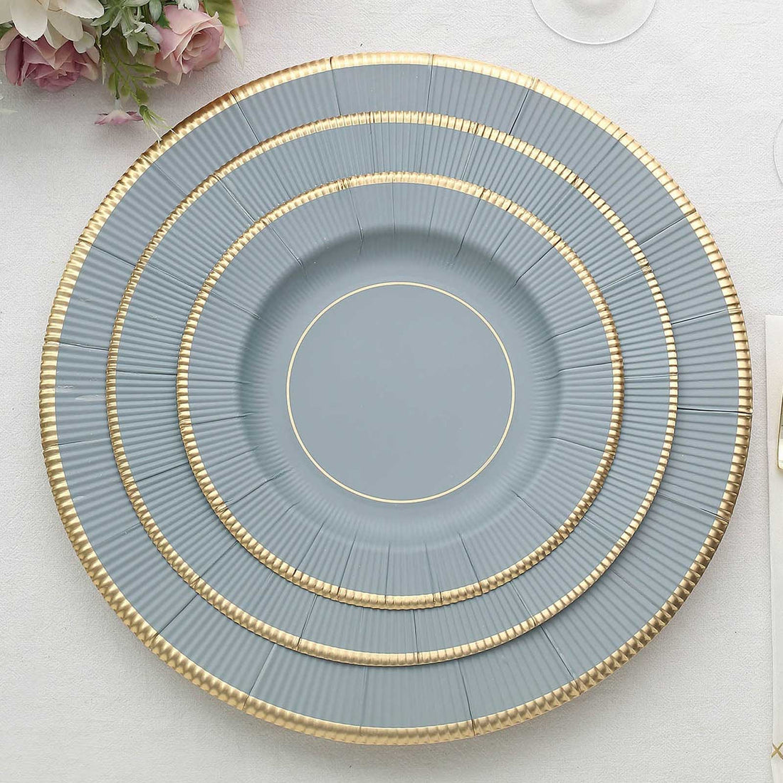 25 Pack | 8inch Dusty Blue Gold Rim Sunray Heavy Duty Paper Dessert Plates