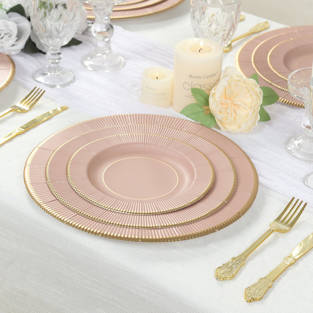 25-Pack Paper Round Dessert Plates 8" Dusty Rose Sunray Design with Gold Rim - 350GSM