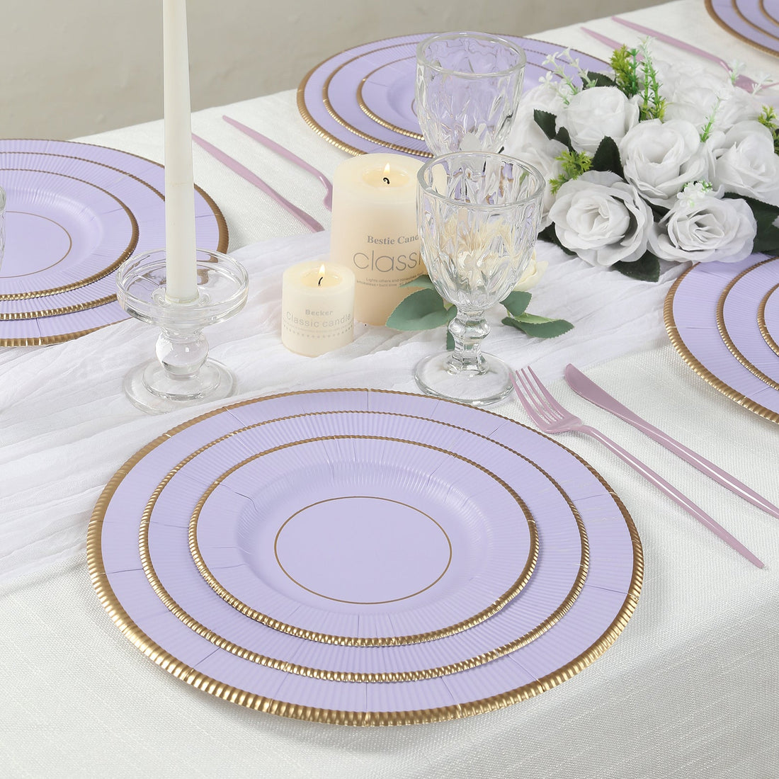 25-Pack Paper Round Dessert Plates Lavender Lilac Sunray Design with Gold Rim