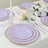 25-Pack Paper Round Dessert Plates Lavender Lilac Sunray Design with Gold Rim