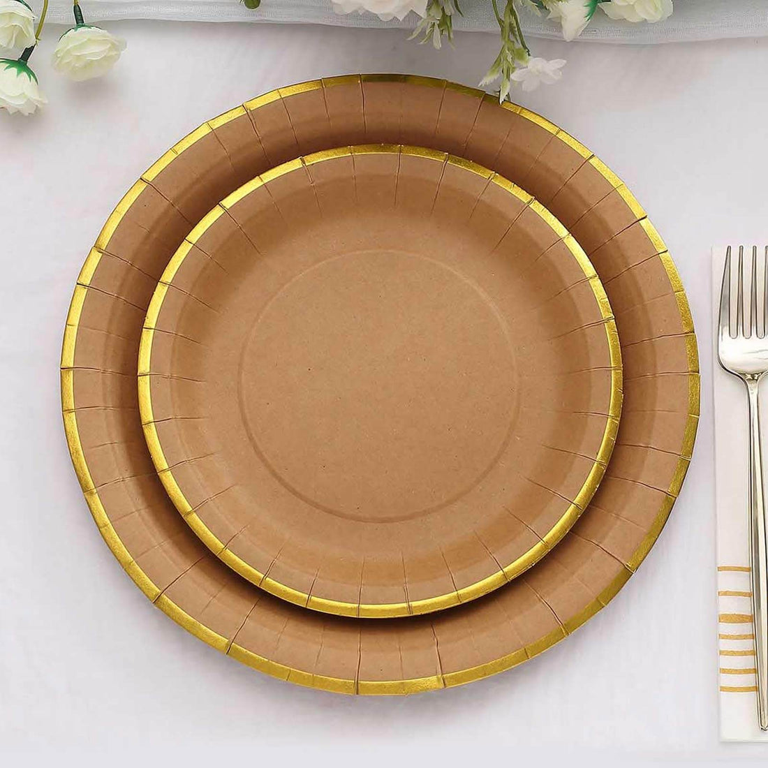 25 Pack | 8 Round Natural Brown Paper Dessert Plates With Gold Lined Rim, Disposable Salad Appetize