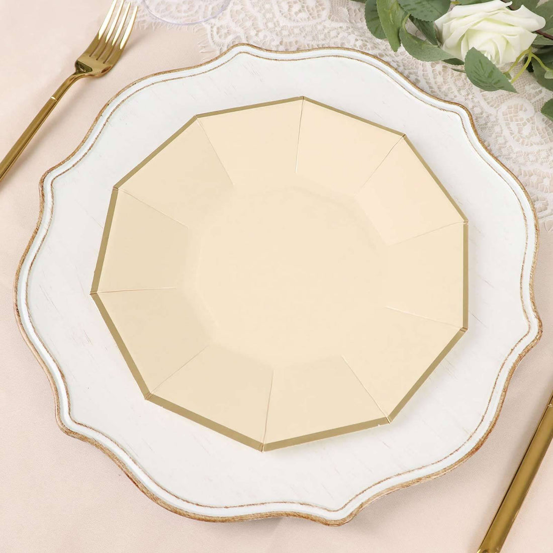 25 Pack 9 Inch Gold Foil Rim Geometric Decagon Design on Beige Paper Plates