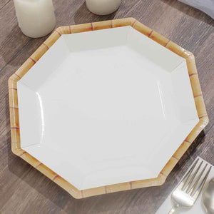 25-Pack Paper Octagonal Dinner Plates 9" White with Bamboo Print Rim - Disposable Geometric Party Plates for Garden Parties & Tropical Themed Events