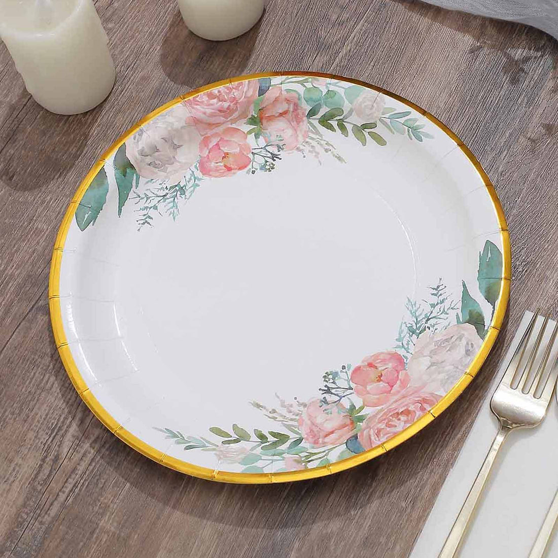 9 Inch Size White Floral Designed Paper Plates With Gold Rim