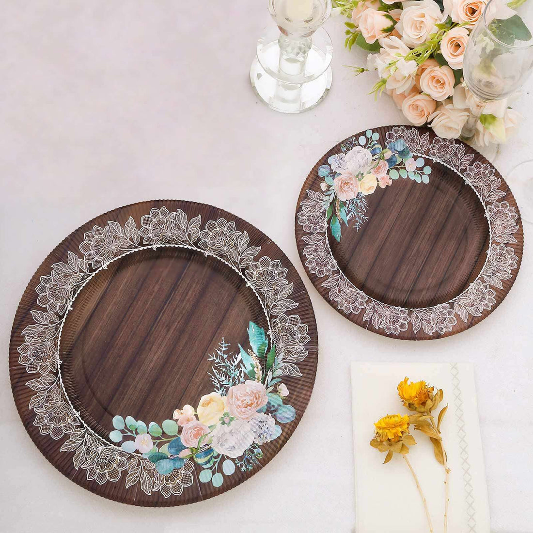 25 Pack Brown Rustic Wood Print 10inch Paper Dinner Plates With Floral Lace Rim, Round Disposable