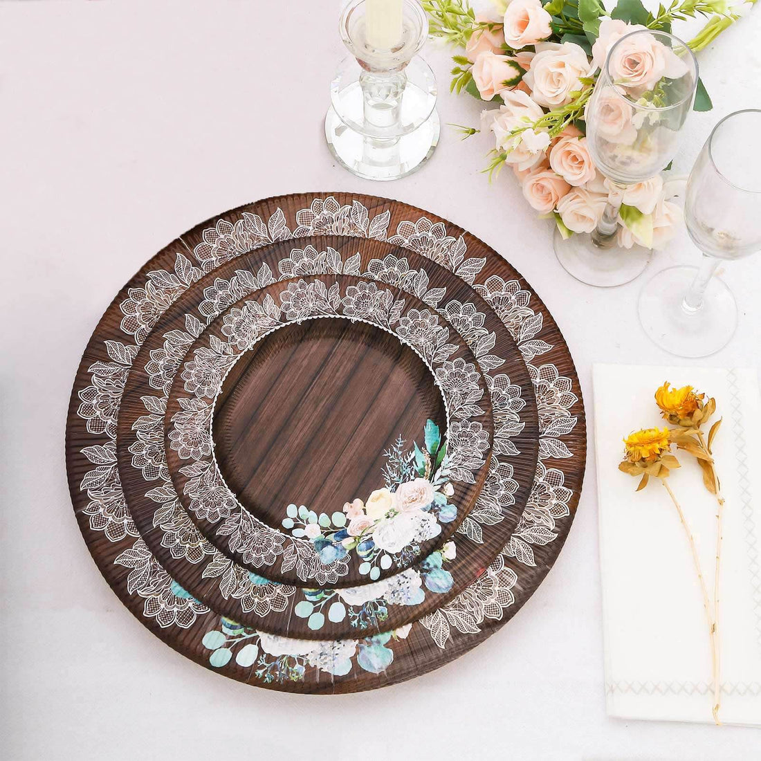 25 Pack Brown Rustic Wood Print 8inch Paper Dessert Plates With Floral Lace Rim, Round Disposable