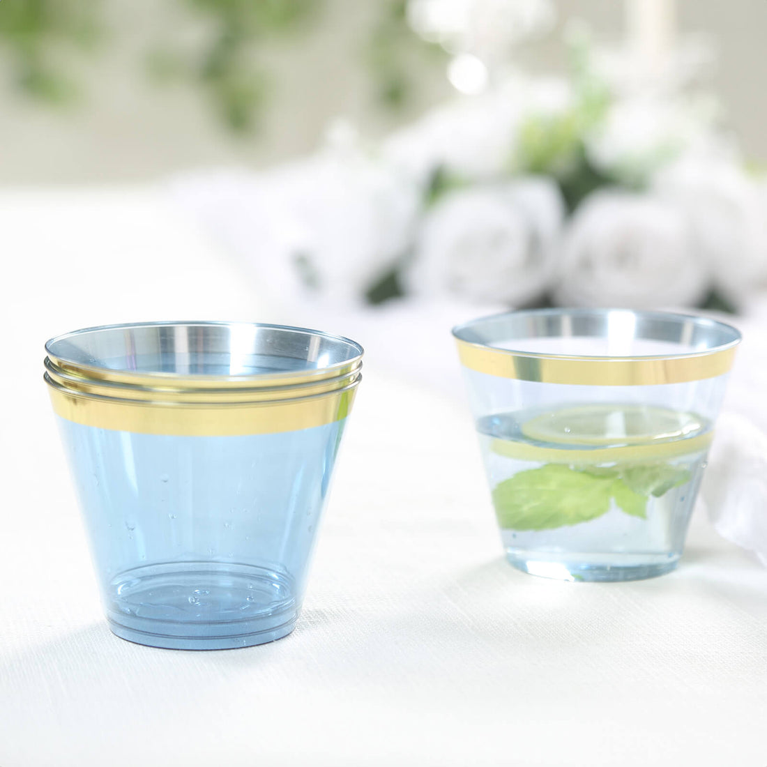 25 Pack Crystal Dusty Blue Gold Rimmed Short Plastic Party Cups