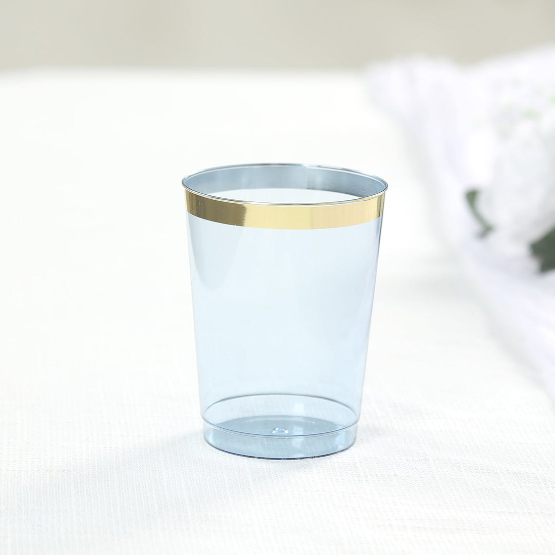 25 Pack Dusty Blue Crystal Plastic Tumbler Cups with Gold Rim,