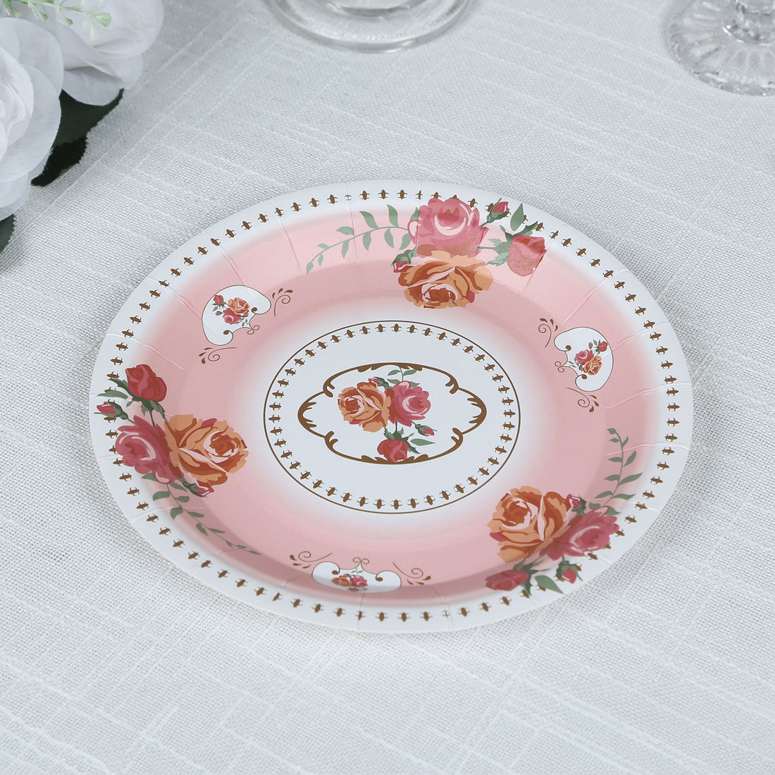25 Pack Dusty Rose Round Paper Dessert Plates with Rose Flowers Print