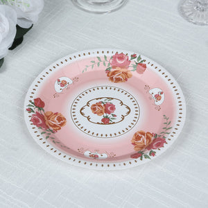25-Pack Paper Round Dessert Plates 7" Dusty Rose with Vintage Rose Flower Print - Disposable Appetizer Salad Plates for High Tea Gatherings & Romantic Celebrations