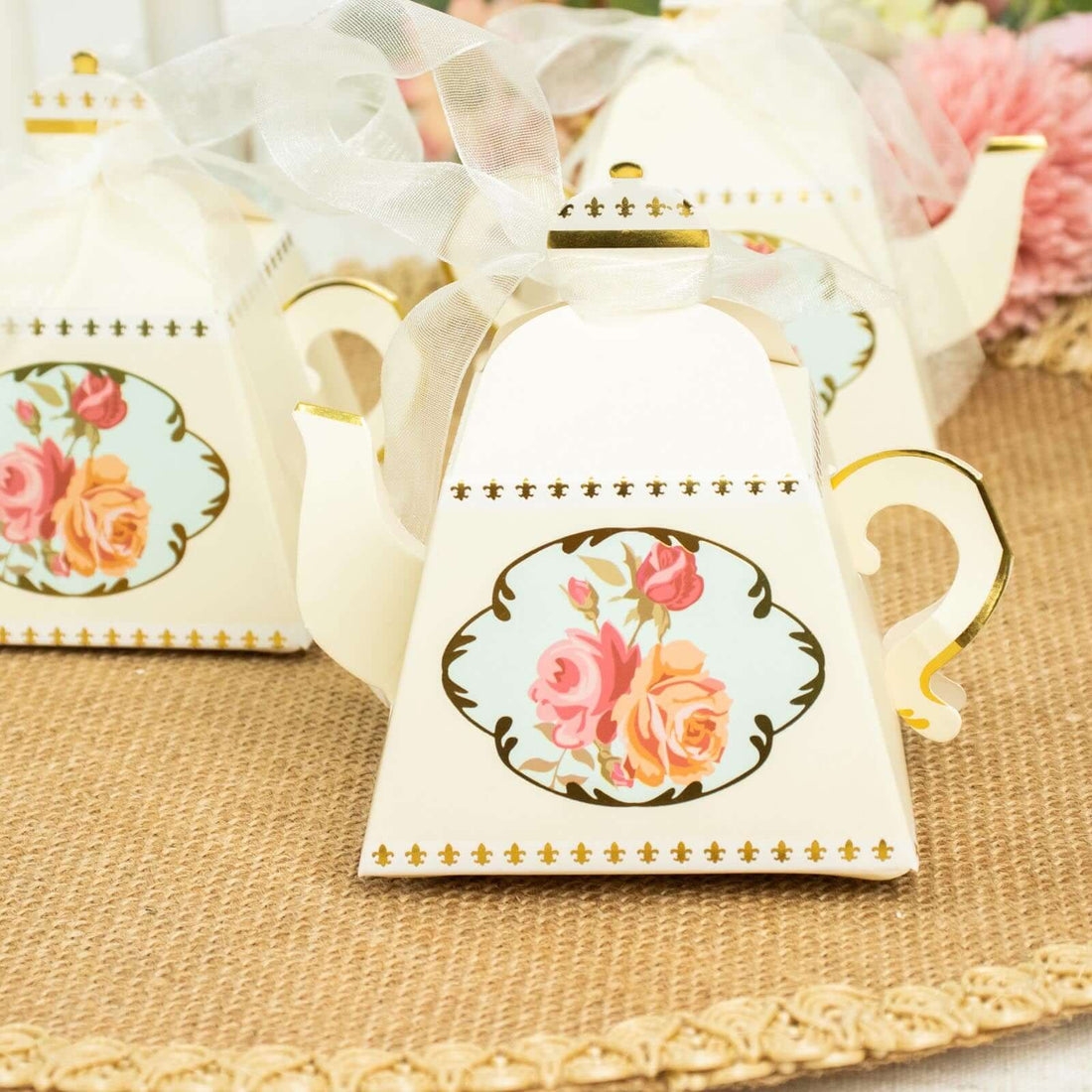 25 Pack Ivory Mini Teapot Gift Boxes with Ribbon, Vintage Rose Favor Boxes - 4 inch