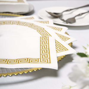 25 Pack Linen-Like Paper Napkins 5"x5" White with Gold Greek Key Design - Stylish & Disposable Airlaid Cocktail Napkins