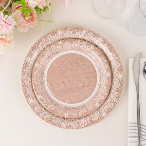 25-Pack Paper Round Dessert Plates 7" Natural Burlap Print with Floral Lace Rim - Disposable Rustic Appetizer Salad Plates for Farmhouse Themes & Celebrations