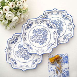 25-Pack Paper Dessert Plates 8" White with Blue Damask Floral Print & Scallop Rim - 300GSM Disposable Floral Salad Appetizer Plates