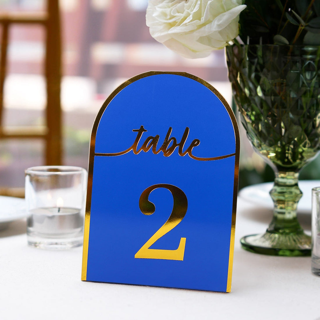 25 Pack Royal Blue Arch Wedding Table Numbers with Metallic Gold Foil 1-25 Numbers Print