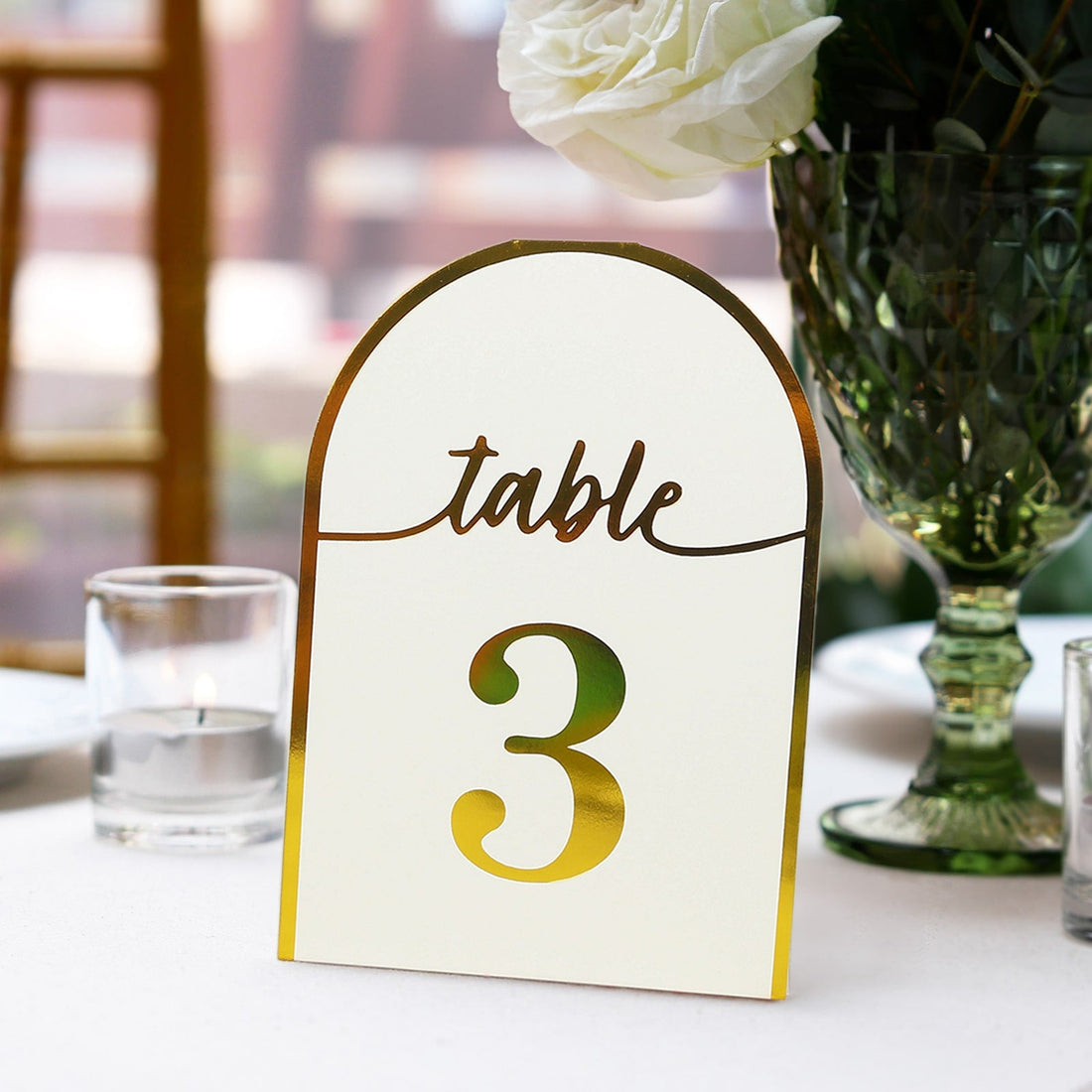 25 Pack White Arch Wedding Table Numbers with Metallic Gold Foil 1-25 Numbers Print