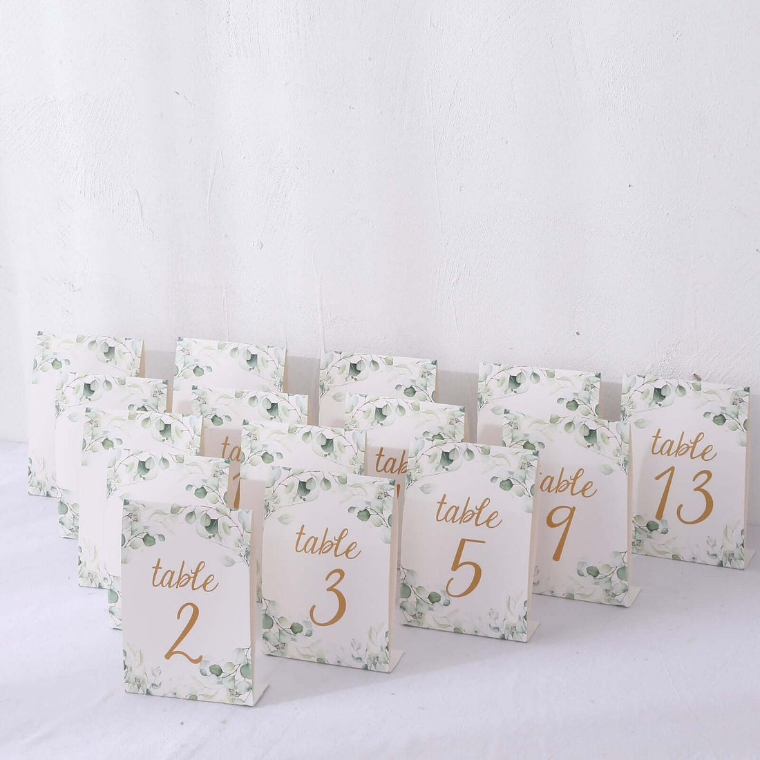 25 Pack White Green Double Sided Paper Wedding Table Numbers with Eucalyptus Leaves