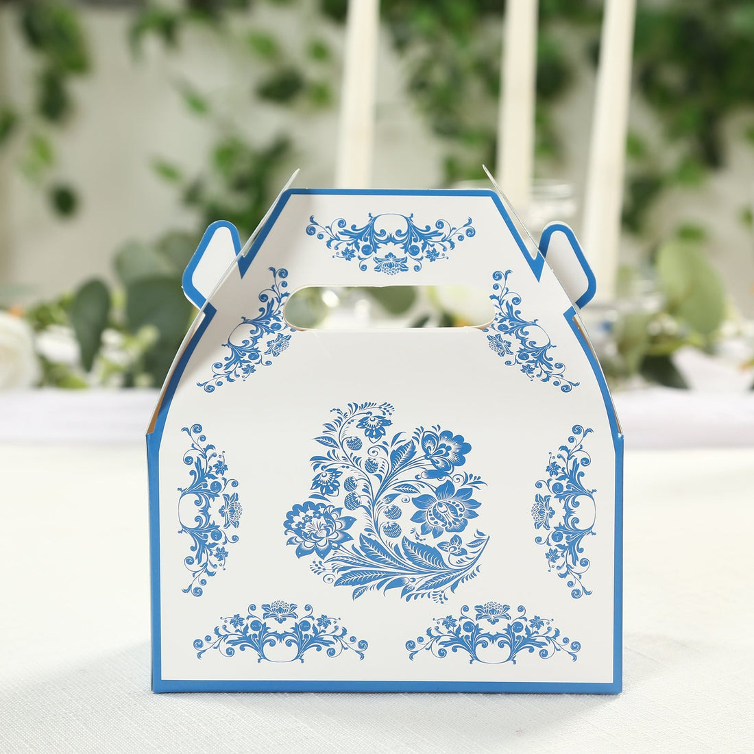25 Pack Party Favor Tote Gable Boxes in White Royal Blue Damask Floral Pattern