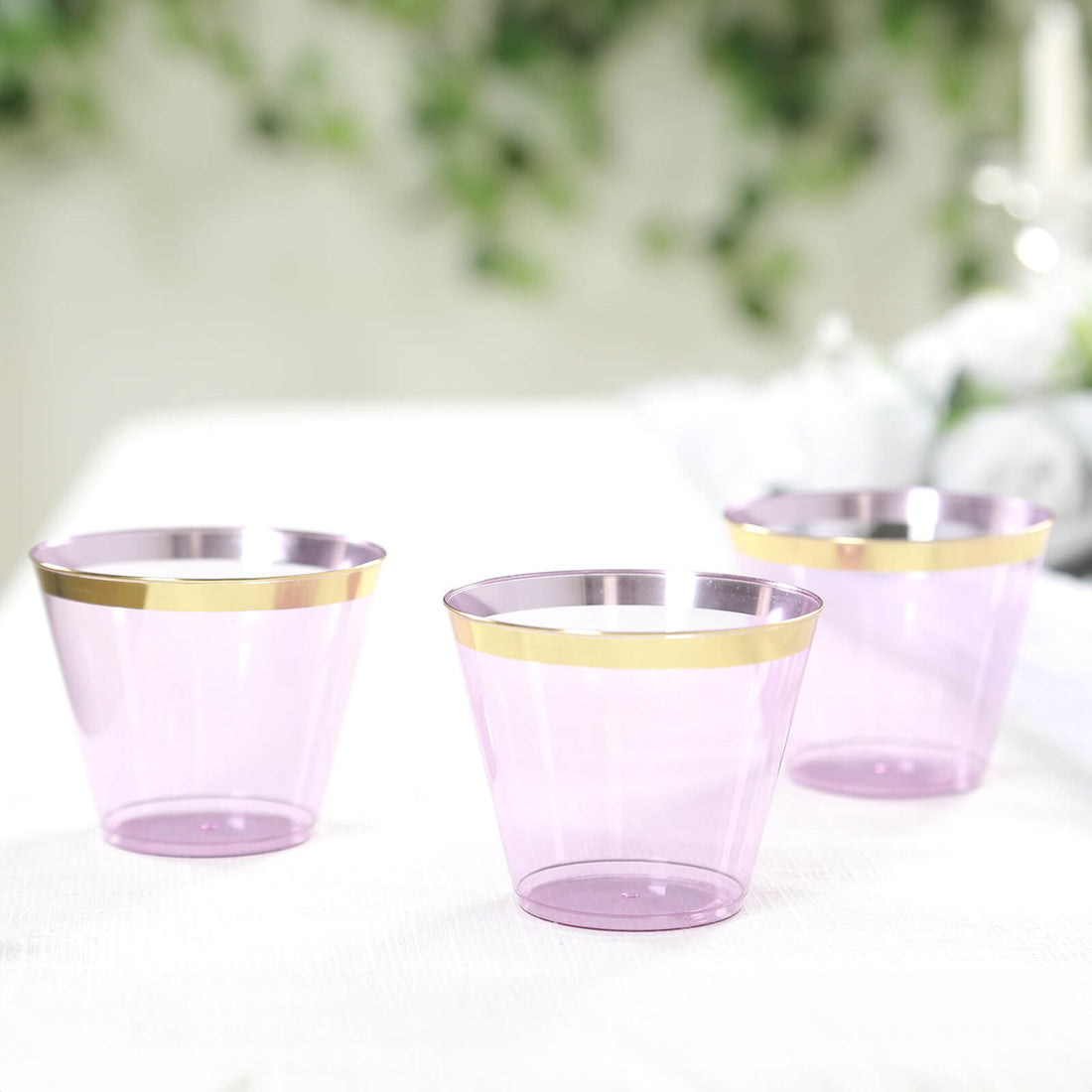 25 Pack Crystal Purple Gold Rimmed Short Plastic Party Cups