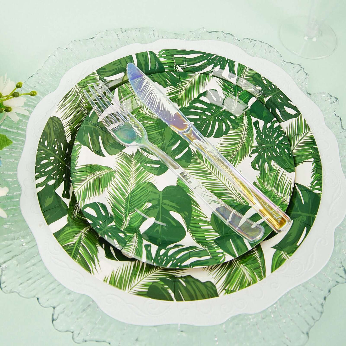 7 Inch Tropical Palm Leaf Mix Disposable Dessert Salad Paper Plates 25 Pack 300 GSM