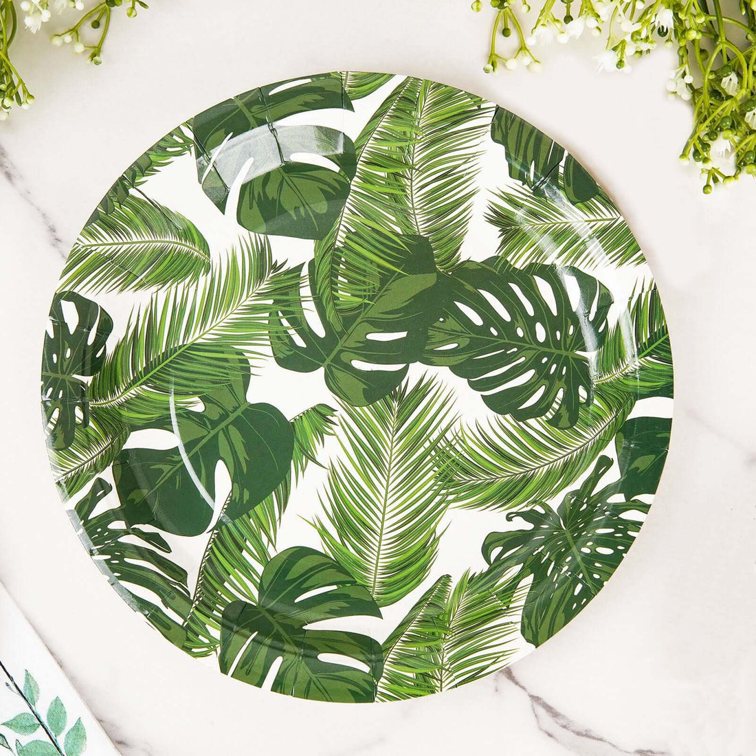 9 Inch Tropical Palm Leaf Mix Disposable Dessert Salad Paper Plates 25 Pack 300 GSM