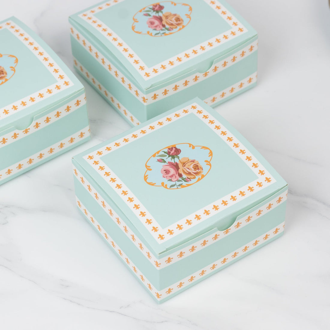 25-Pack Vintage Rose Floral Favor Boxes – Turquoise Cardstock Gift Boxes for Treats, Chocolates
