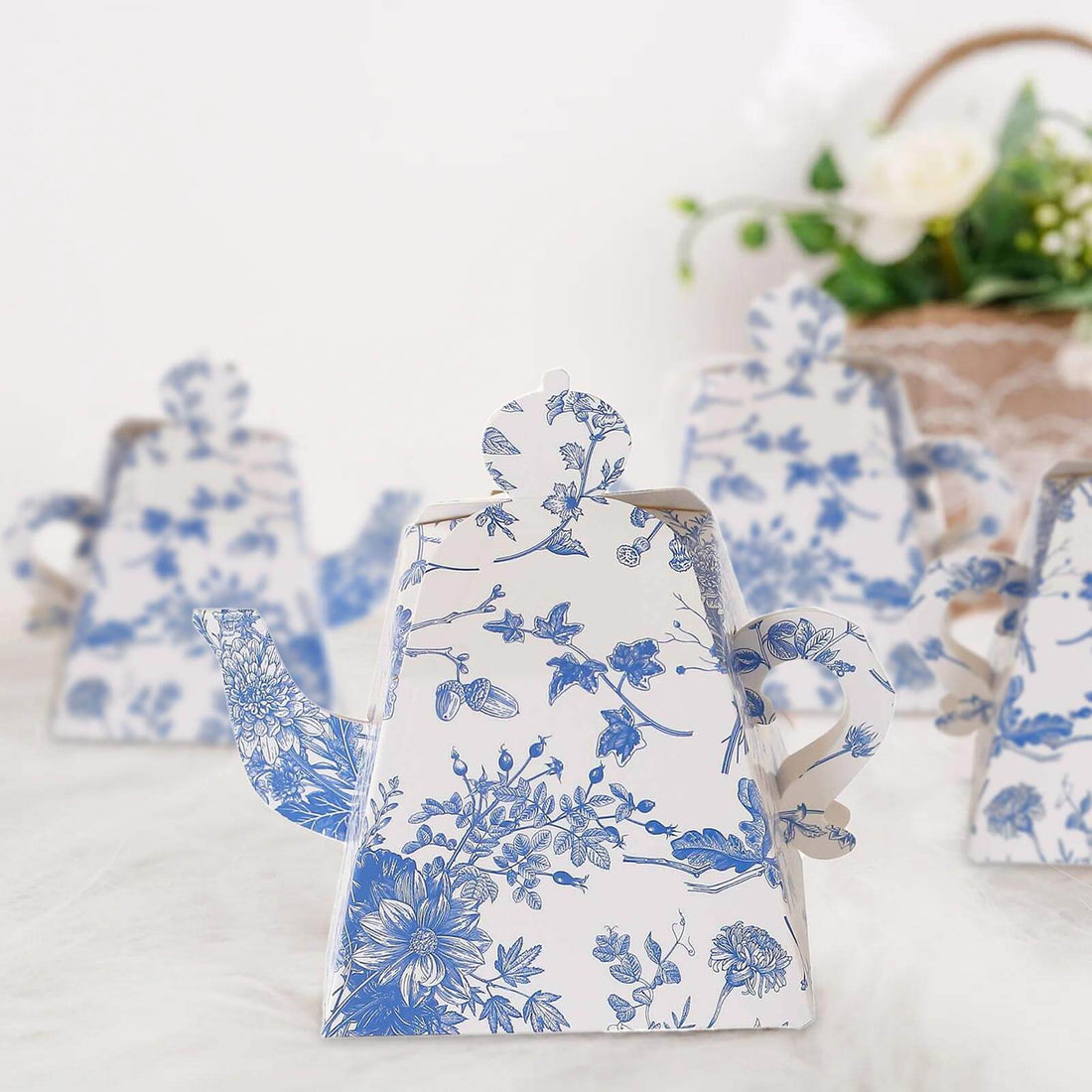 25 Pack White Blue Mini Teapot Gift Boxes with Chinoiserie Floral Print, Party Favor Boxes