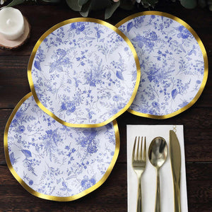25-Pack Paper Round Dessert Plates 8" White Blue French Toile Floral Pattern with Gold Wavy Rim - 350GSM Disposable Salad Party Plates