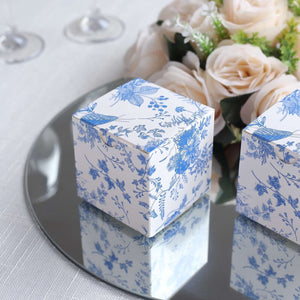25 Pack White Blue Paper Gift Boxes in French Toile Pattern, Cardstock Party Shower Candy Favor Boxes - 3"x3"x3"