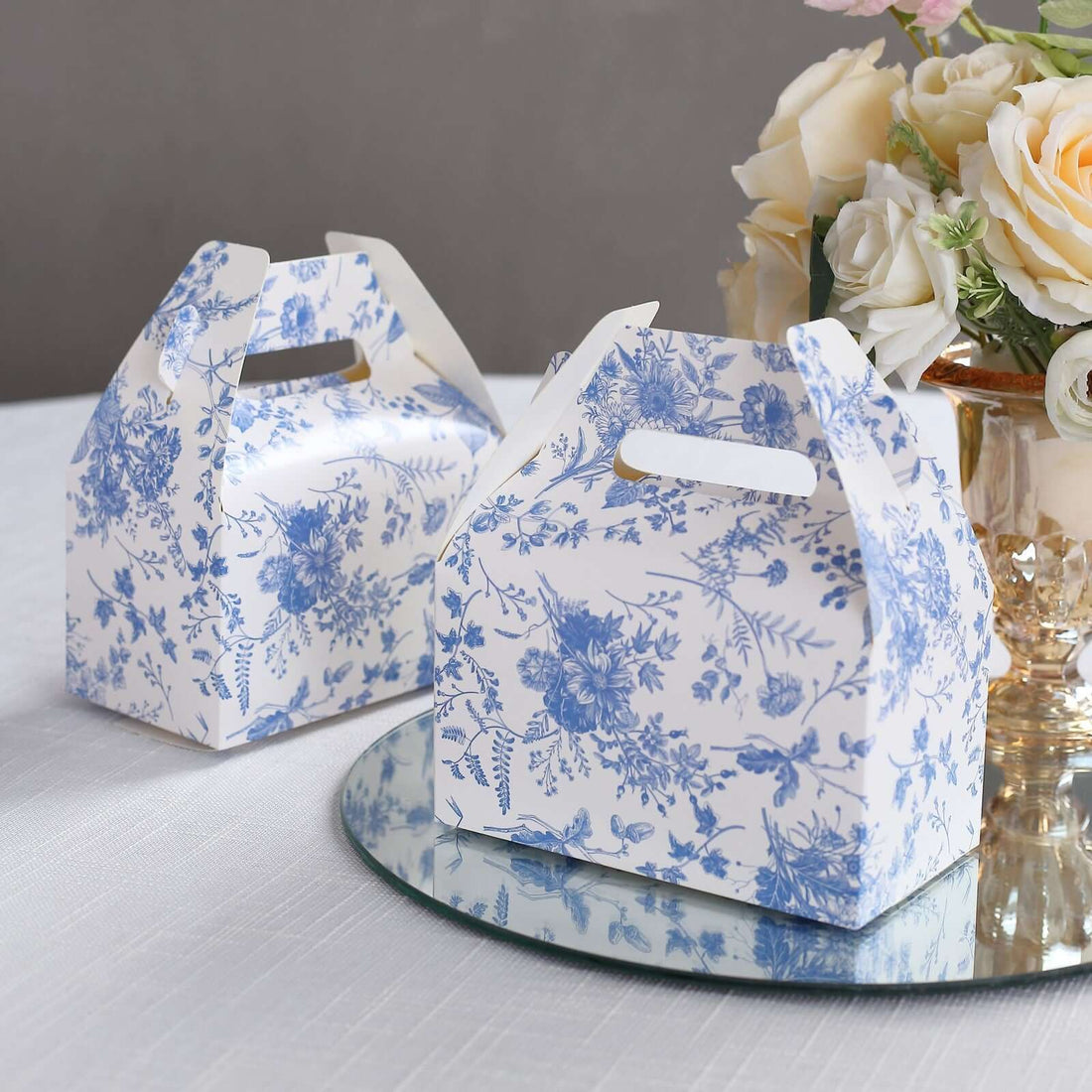 25 Pack White Blue Party Favor Gift Tote Gable Boxes with Chinoiserie Floral Print, Candy