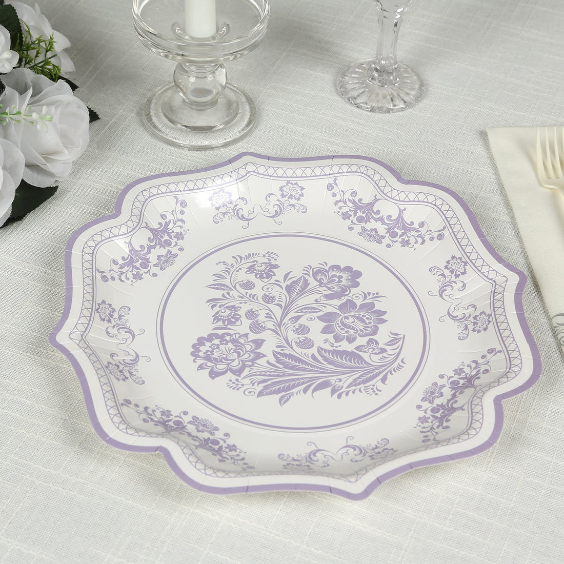 25 Pack White Lavender Lilac Paper Dinner Plates in French Toile Floral Pattern