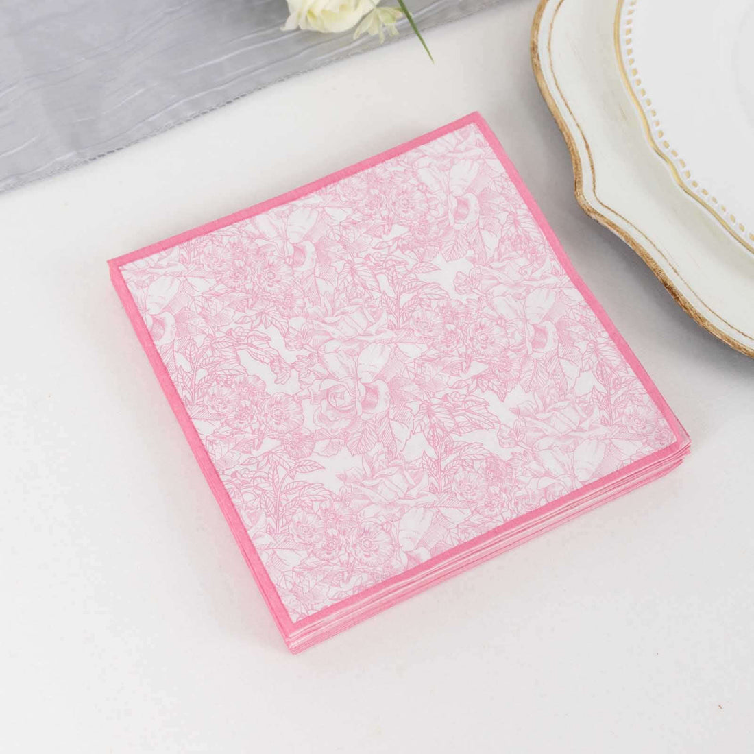 25 Pack White Pink 2-Ply Paper Cocktail Napkins in French Toile Print